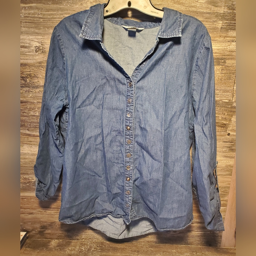 Christopher Banks‎ Womens  Large Blue Denim L/S Button Up Shirt Bead Accent